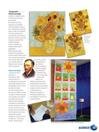 39
“Os girassóis”–
Vincent van Gogh
a) Cole os trabalhos sobre
o TNT branco de forma
harmoniosa.
b) Confeccione dois
girassóis com papelão,
sendo 6 pétalas maiores e
seis menores para cada flor.
Faça o miolo com protetor
de maçã recortado em
círculo. Passe duas demãos
de Primer e pinte com Tinta
Guache ou Acrílica PVA
amarela e laranja.
c) Fixe o trabalho nos
bastões previamente
preparados.
d) Faça dois grandes
girassóis com papelão e
caixa de maçã (miolo). Pinte
com Guache. Faça texturas
com Crystal Cola e cole
um na parte superior
direita e outro na parte
inferior esquerda.
Vincent van Gogh
– Nasceu em Groot
Zundert, na
Holanda, em 30 de
março de 1853. Foi
um pintor pós-impressionista
neerlandês, frequentemente
considerado um dos maiores
de todos os tempos.
Sua vida foi marcada por
fracassos. Ele falhou em todos
os aspectos importantes para
o seu mundo, em sua época.
Foi incapaz de constituir
família, custear a própria
subsistência ou até mesmo
manter contatos sociais. Aos
37 anos, sucumbiu a uma
doença mental, suicidando-se.
Sua fama póstuma cresceu
especialmente após a
exibição de 71 das suas telas
em Paris, em 17 de março
de 1901. Somente após
sua morte, sua obra
foi amplamente
reconhecida.
Ele é considerado
pioneiro na ligação
das tendências
impressionistas
com as aspirações
modernistas,
sendo a sua
influência reconhecida em
variadas frentes da arte do
século XX, como, por exemplo,
o expressionismo, o fauvismo
e o abstracionismo.
O Museu Van Gogh, em
Amsterdã, é dedicado aos
seus trabalhos e aos dos seus
contemporâneos.
Três, dos sete
quadros da
série dos
Girassóis, de
Van Gogh.
Projeto Releituras de Obras de Arte – Banners – E.E. Fúlvio Abramo.
 