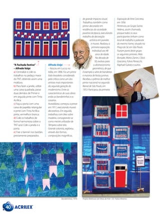 40
“A Fachada festiva”
– Alfredo Volpi
a) Centralize e cole os
trabalhos no pedaço maior
do TNT, obtendo assim uma
moldura.
b) Para fazer a janela, utilize
uma caixa quadrada, passe
duas demãos de Primer e
em seguida pinte com Tinta
Acrílica.
c) Faça a porta com uma
caixa de papelão retangular
e pinte com Tinta Acrílica
preta, vermelha e branca.
d) Cole os trabalhos de
forma harmoniosa sobre o
TNT azul. Cole a janela e a
porta.
e) Fixe o banner nos bastões
previamente preparados.
Alfredo Volpi
– Nasceu em Lucca, na
Itália, em 1896. Foi um pintor
ítalo-brasileiro considerado
pela crítica como um dos
artistas mais importantes
da segunda geração do
modernismo. Entre as
características de suas obras
estão as bandeirinhas e os
casarios.
Autodidata, começou a pintar
em 1911, executando murais
decorativos. Em seguida,
trabalhou com óleo sobre
madeira, consagrando-se
como mestre utilizador de
Têmpera sobre tela.
Grande colorista, explorou
através das formas,
composições magníficas,
de grande impacto visual.
Trabalhou também como
pintor-decorador em
residências da sociedade
paulista da época, executando
trabalho de decoração
artística em paredes
e murais. Realizou a
primeira exposição
individual aos 48
anos de idade.
Na década de
50, evoluiu para
o abstracionismo
geométrico, de que
é exemplo a série de bandeiras
e mastros de festas juninas.
Recebeu o prêmio de melhor
pintor nacional na segunda
Bienal de São Paulo, em
1953. Participou da primeira
Exposição de Arte Concreta,
em 1956.
Pertenceu ao Grupo Santa
Helena, assim chamado,
porque todos os seus
participantes tinham como
local de trabalho o palacete
do mesmo nome, situado na
Praça da Sé, em São Paulo.
Faziam parte deste grupo
os seguintes pintores: Aldo
Bonadei, Mário Zanini, Clóvis
Graciano, Fúlvio Penacchi,
Raphael Galvez e outros.
Bandeirinhas, 1970. Projeto Releituras de Obras de Arte - E.E. Fúlvio Abramo.
 