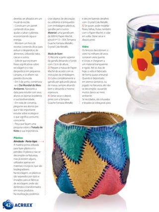 42
deverão ser afixados em um
mural da escola.
- Construam um painel
contendo dicas para
ajudar a salvar o planeta,
economizando água e
energia.
- Montem um livro de
receitas contendo dicas para
reduzir o desperdício de
alimentos, utilizando talos,
cascas e outros.
- Solicite que escrevam
frases significativas sobre
reciclagem e o não
desperdício em pequenos
cartazes, e os afixem nas
paredes da escola.
- Em 5 de junho, comemora-
-se o Dia Mundial do Meio
Ambiente. Aproveite a
data para estudar com seus
alunos os biomas brasileiros
e sua biodiversidade.
- Em roda de conversa,
pergunte aos alunos por
que é tão importante
estudar sobre ecologia e
o que significa consumo
consciente.
- Peça que façam uma
pesquisa sobre o Tratado de
Kioto e sua importância.
Plástico
Atividade - Porta-lápis
A matéria prima utilizada
para fazer plástico é o
petróleo. O plástico não se
decompõe na Natureza,
mas já existem alguns,
utilizados apenas em
materiais cirúrgicos, que são
biodegradáveis.
Na reciclagem, os plásticos
são separados por tipos e
enviados para as fábricas
de reciclagem, onde são
derretidos e transformados
em novos produtos.
Na reutilização, podemos
criar objetos de decoração
ou utilitários e brinquedos
com embalagens plásticas,
garrafas pet e outros.
Material: uma garrafa pet
de 600ml, Papier Maché,
pincel nº 12 – 054, Tempera
Guache Fantasia Metallic,
Crystal Cola Metallic.
Modo de fazer:
1) Recorte a parte superior
da garrafa deixando o fundo
com 13cm de altura.
2) Prepare a massa de Papier
Maché de acordo com as
instruções da embalagem.
3) Cubra completamente a
garrafa pet aplicando placas
de massa, sempre alisando
bem e deixando a mesma
espessura.
4) Deixe secar e depois
pinte com a Tempera
Guache Fantasia Metallic
e decore fazendo detalhes
com Crystal Cola Metallic.
5) Se quiser, pode modelar
flores, folhas, frutas, também
com o Papier Maché, e colar
em volta. Deixe secar e
depois pinte.
Vidro
Os fenícios descobriram o
vidro há milhares de anos.
Juntaram areia quente
e cinzas, e chegaram a
um material transparente
e rígido. Até os dias de
hoje, o vidro é fabricado
de forma quase artesanal.
Quando é depositado
em aterros sanitários, ou
jogado na Natureza, ele não
se decompõe, causando
muitos danos ao meio
ambiente.
Se reciclados, são triturados
e levados às vidraçarias para
 
