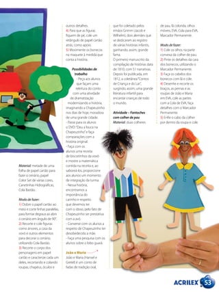 53
Material: metade de uma
folha de papel cartão para
fazer o cenário, papel
Color Set de várias cores,
Canetinhas Hidrográficas,
Cola Bastão.
Modo de fazer:
1) Dobre o papel cartão ao
meio e corte linhas paralelas,
para formar degraus ao abrir
o cenário em ângulo de 90°.
2) Recorte e cole figuras
como árvores, a casa da
vovó e outros elementos
para decorar o cenário,
utilizando Cola Bastão.
3) Recorte o corpo dos
personagens em papel
cartão e caracterize cada um
deles, recortando e colando
roupas, chapéus, óculos e
outros detalhes.
4) Para que as figuras
fiquem de pé, cole um
retângulo de papel cartão
atrás, como apoio.
5) Movimente os bonecos
na maquete à medida que
conta a história.
Possibilidades de
trabalho
- Peça aos alunos
que façam uma
releitura do conto
com uma atividade
de dramatização
modernizando a história,
imaginando a Chapeuzinho
nos dias de hoje, moradora
de uma grande cidade.
- Passe para os alunos
o DVD:“Deu a louca na
Chapeuzinho”e faça
comparações com a
história original.
- Faça com os
alunos uma receita
de biscoitinhos da vovó
e mostre a matemática
contida na receita e, ao
saboreá-los, proporcione
aos alunos um momento
de integração da turma.
- Nessa história,
encontramos a
importância do
carinho e respeito
que devemos ter
com o idoso, pelo fato de
Chapeuzinho ser prestativa
com a avó.
- Converse com os alunos a
respeito de Chapeuzinho ter
desobedecido a mãe.
- Faça uma pesquisa com os
alunos sobre o lobo guará.
João e Maria
João e Maria (Hansel e
Gretel) é um conto de
fadas de tradição oral,
que foi coletado pelos
irmãos Grimm (Jacob e
Wilhelm), dois alemães que
se dedicaram ao registro
de várias histórias infantis,
ganhando, assim, grande
fama.
O primeiro manuscrito da
compilação de histórias data
de 1810, com 51 narrativas.
Depois foi publicada, em
1812, a coletânea“Contos
de Criança e do Lar”,
surgindo, assim, uma grande
literatura infantil para
encantar crianças de todo
o mundo.
Atividade – Fantoches
com colher de pau
Material: duas colheres
de pau, lã colorida, olhos
móveis, EVA, Cola para EVA,
Marcador Permanente.
Modo de fazer:
1) Cole os olhos na parte
convexa da colher de pau.
2) Pinte os detalhes da cara
dos bonecos, utilizando o
Marcador Permanente.
3) Faça os cabelos dos
bonecos com lã e cole.
4) Desenhe e recorte os
braços, as pernas e as
roupas de João e Maria
em EVA, cole as partes
com a Cola de EVA, faça
detalhes com o Marcador
Permanente.
5) Enfie o cabo da colher
por dentro da roupa e cole.
 