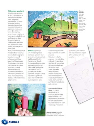 Tridimensão (escultura):
é muito importante que
a criança experimente as
diversas possibilidades
táteis, apalpando,
pressionando, tocando
levemente, alisando
diferentes objetos, com
o objetivo de“sentir”as
diferenças que existem
entre eles: volumes,
tamanhos etc. Inicialmente
essa experimentação deverá
ser feita com os olhos
fechados. Ela dirá as
características que sente:
liso, áspero, duro, macio,
quente, frio, leve, pesado,
entre outras.
Após a estimulação acima, é
hora de solicitar à criança a
construção de sua própria
obra tridimensional
utilizando massinhas,
papel machê ou sucatas.
A modelagem e a criação
com materiais recicláveis
propiciam à criança
o entendimento da
tridimensionalidade e do
volume, tão presentes em
todas as coisas do nosso
dia a dia, inclusive do nosso
próprio corpo.
Pintura: a pintura é
um meio de expressão
completo, que deve estar
presente em todo o período
da Educação Infantil e
Fundamental (Ciclo I).
A criança explora, investiga,
elabora e conquista sua
capacidade de expressar-
-se através da pintura,
portanto, não se deve
comparar, corrigir ou criticar
o trabalho. O professor
deve intervir sutilmente
quando percebe que o
8
Materiais
utilizados:
vários tipos
de papéis,
Pintura a
Dedo, Guaches
(todos), Tinta
Confetti,
Dimensional
Relevo 3D, PVA,
Tinta Acrílica
e outras,
pincéis, telas,
madeiras.
a) Desenhe e deixe os traços
bem fraquinhos. Caso estejam
fortes, suavize-os com uma
borracha.
que está sendo realizado
foge totalmente do que foi
proposto.
Pintar é um trabalho
prazeroso e agradável, sua
realização é espontânea,
não havendo necessidade
de programas especiais.
No entanto, para
que as atividades
sejam dinâmicas,
pode-se propor, entre
os momentos de livre
expressão, atividades em
que as crianças pintem a
partir de estímulos dados
pelo professor.
Ensinando a criança a
pintar – A criança
geralmente faz o
contorno preto e depois
pinta o desenho. Esse
procedimento geralmente
faz com que o trabalho
fique borrado. Sendo assim,
siga os seguintes passos:
Materiais utilizados: Massinhas,
Papier Maché, Guaches, Tintas,
Primer, pincéis, sucatas, Crystal Cola.
 