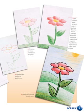 9
d) Para
sombrear,
defina
um ponto
de luz e a
partir daí
deixe mais
claras as
partes que
estão mais
próximas do
sol e sombreie
nas partes
mais distantes
(pressione mais
o lápis), parte
por parte.
b) Contorne cada
parte na cor
que vai pintar.
c) Pinte num
sentido só,
preenchendo
os espaços.
e) Por último, contorne de
preto, se quiser.
 