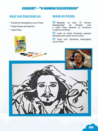 109
Modo de fazer:
A)--Baseado na obra “O Homem
Desesperado” de Coubert, com
o Lápis Preto desenhe os contornos
e copie as sombras.
b) Junte as linhas formando espaços
fechados para colorir só com preto.
c) Pinte com Canetinha Hidrográfica
na cor Preto.
Você vai precisar de:
- Canetinha Hidrográfica na cor Preto,
- Papel Grosso de Desenho,
- Lápis Preto.
Coubert – “O Homem Desesperado”
 