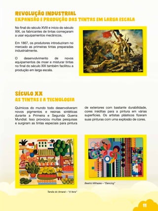 11
Revolução Industrial
Expansão e produção das tintas em larga escala
No final do século XVIII e início do século
XIX, os fabricantes de tintas começaram
a usar equipamentos mecânicos.
Em 1867, os produtores introduziram no
mercado as primeiras tintas preparadas
industrialmente.
O desenvolvimento de novos
equipamentos de moer e misturar tintas
no final do século XIX também facilitou a
produção em larga escala.
Século XX
As tintas e a tecnologia
Químicos do mundo todo desenvolveram
novos pigmentos e resinas sintéticas
durante a Primeira e Segunda Guerra
Mundial. Isso provocou muitas pesquisas
e surgiram as tintas especiais para pintura
de exteriores com bastante durabilidade,
cores inéditas para a pintura em várias
superfícies. Os artistas plásticos fizeram
suas pinturas com uma explosão de cores.
Beatriz Milhazes – “Dancing”
Tarsila do Amaral – “A feira”
 