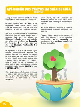 Fotos do produtos.
14
A seguir vamos mostrar atividades feitas
com as tintas mais usadas em sala de aula.
O tema sugerido será “FLORES” e as
sugestões serão dadas tendo como
fonte de inspiração obras de arte que
retrataram o tema ao longo dos séculos.
São atividades com grau de dificuldades
diferentes, algumas mais simples que o
professor fará com os alunos de
Educação Infantil, outras que poderão
ser feitas com os alunos da Educação
Fundamental I e outras com os
alunos da Educação Fundamental II e
Ensino Médio.
O importante é que as atividades sejam
sempre contextualizadas, tenham um
pintor ou escultor (obra de arte), um projeto
de arte educação, uma data comemorati-
va, uma música, uma história infantil, uma
fotografia, enfim, que exista um propósito
para a aprendizagem e partindo da
observação e da contextualização do tema
escolhido, cada criança CRIARÁ a sua
PRÓPRIA OBRA.
Cabe ao professor selecionar as atividades
de acordo com as habilidades dos seus
alunos, grau de maturidade, materiais
disponíveis e conteúdos a serem
abordados.
Sendo assim, as aulas precisam ser
dinâmicas porque os alunos estão muito
envolvidos com tecnologias e informações
rápidas.
As aulas precisam chamar a atenção
deles para que se sintam engajados para
aprender.
Portanto, proponha atividades desafiadoras
onde eles precisem ir atrás, pesquisar,
experimentar novos materiais, se
expressarem e se sentirem orgulhosos
de suas produções.
 