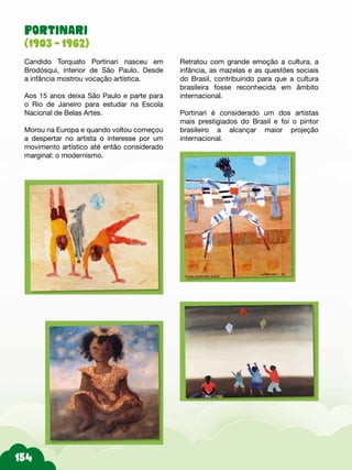 PORTINARI
(1903 - 1962)
Candido Torquato Portinari nasceu em
Brodósqui, interior de São Paulo. Desde
a infância mostrou vocação artística.
Aos 15 anos deixa São Paulo e parte para
o Rio de Janeiro para estudar na Escola
Nacional de Belas Artes.
Morou na Europa e quando voltou começou
a despertar no artista o interesse por um
movimento artístico até então considerado
marginal: o modernismo.
Retratou com grande emoção a cultura, a
infância, as mazelas e as questões sociais
do Brasil, contribuindo para que a cultura
brasileira fosse reconhecida em âmbito
internacional.
Portinari é considerado um dos artistas
mais prestigiados do Brasil e foi o pintor
brasileiro a alcançar maior projeção
internacional.
 