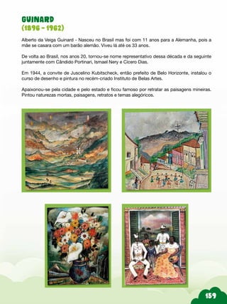159
GUINARD
(1896 – 1962)
Alberto da Veiga Guinard - Nasceu no Brasil mas foi com 11 anos para a Alemanha, pois a
mãe se casara com um barão alemão. Viveu lá até os 33 anos.
De volta ao Brasil, nos anos 20, tornou-se nome representativo dessa década e da seguinte
juntamente com Cândido Portinari, Ismael Nery e Cícero Dias.
Em 1944, a convite de Juscelino Kubitscheck, então prefeito de Belo Horizonte, instalou o
curso de desenho e pintura no recém-criado Instituto de Belas Artes.
Apaixonou-se pela cidade e pelo estado e ficou famoso por retratar as paisagens mineiras.
Pintou naturezas mortas, paisagens, retratos e temas alegóricos.
 