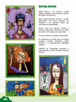 204
RAFAEL ROCHA
Rafael Rocha é um músico e artista
plástico brasileiro, contemporâneo nascido
em Recife, Pernambuco.
Suas experimentações fizeram o artista
desenvolver uma forma particular de
trabalhar e se expressar diante das
suas próprias necessidades.
Deixou para trás algumas normas e
técnicas tradicionais. Intitula-se um poeta
que pinta e tem paixão por cores fortes.
O foco principal é o cotidiano das pessoas.
As referências do artista são os pintores
europeus Amadeo Modigliani, Pablo
Picasso e o pernambucano Wellington
Virgolino.
Participa de exposições nacionais e
internacionais já tendo recebido diversos
prêmios.
 