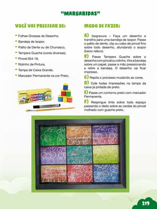 Modo de fazer:
A) Isogravura – Faça um desenho e
transfira para uma bandeja de isopor. Passe
o palito de dente, clip ou cabo de pincel fino
sobre todo desenho, afundando o isopor
(baixo relevo).
b) Passe Tempera Guache sobre o
desenhocompincelourolinho.Vireabandeja
sobre um papel, passe a mão pressionando
e retire a bandeja. O desenho vai ficar
impresso.
c) Repita o processo mudando as cores.
d) Cole todas impressões na tampa da
caixa já pintada de preto.
e) Passe um contorno preto com marcador
Permanente.
f) Respingue tinta sobre todo espaço
passando o dedo sobre as cerdas do pincel
molhado com guache preto.
Você vai precisar de:
- Folhas Grossas de Desenho,
- Bandeja de Isopor,
- Palito de Dente ou de Churrasco,
- Tempera Guache (cores diversas),
- Pincel 054-18,
- Rolinho de Pintura,
- Tampa de Caixa Grande,
- Marcador Permanente na cor Preto.
“margaridas”
 