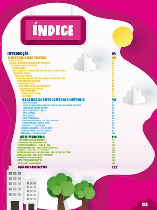 03
Introdução									04
A HISTÓRIA das TINTAS							06
O Que É Tinta? 										07
Como E Quando Surgiram As Tintas? 							 08
As Tintas Na Atualidade								12
Linha Escolar									13
Aplicação Das Tintas Em Sala De Aula - Sugestões					 14
Pintura A Dedo									15
Tempera Guache									18
Tempera Guache Fantasia Metallic Ou Glitter					 22
Tempera Guache Neon								27
Tinta Plástica									30
Pva Tinta Fosca Artesanato							33
Tinta Acrylic colors								36
Tinta Nankin									39
Tinta para Tecido								42
Aquarela									45
As OBRAS de ARTE contam a HISTÓRIA			 48
O Que É A Arte? 								49
Como Trabalhar Com Os Alunos Com As Obras De Arte?				 50
Ler E Reler Obras De Arte 							 50
Arte Na Pré-história							54
Arte Egípcia									63
Arte Grega									68
Arte Bizantina								73
Arte Renascentista – Séc. XV E XVI						 78
Arte Barroca (1600 A 1750) 							86
Rococó – (1720 A 1800)								91
Neoclassicismo – (1750 A 1820)							96
Romantismo – (1790 A 1850)							99
Realismo – (1850 A 1880)							104
Arte Moderna								110
Modernismo No Mundo								111
Movimentos Modernistas							112
Impressionismo – (1880 A 1900)							113
Expressionismo – Início Do Século XX						 117
Cubismo – Séc. XX – 1ª Metade							 125
Abstracionismo E Futurismo – Séc. XX (1ª Metade)					 131
Surrealismo – Séc. XX (1ª Metade)							141
Modernismo No Brasil								147
Artistas modernistas								148
Arte Contemporânea								167
agradecimentos							222
 