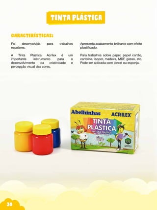 Fotos do produtos.
30
Características:
Foi desenvolvida para trabalhos
escolares.
A Tinta Plástica Acrilex é um
importante instrumento para o
desenvolvimento da criatividade e
percepção visual das cores.
Apresenta acabamento brilhante com efeito
plastificado.
Para trabalhos sobre papel, papel cartão,
cartolina, isopor, madeira, MDF, gesso, etc.
Pode ser aplicada com pincel ou esponja.
 