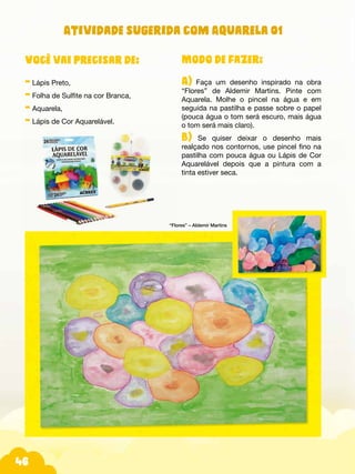 46
Modo de fazer:
A) Faça um desenho inspirado na obra
“Flores” de Aldemir Martins. Pinte com
Aquarela. Molhe o pincel na água e em
seguida na pastilha e passe sobre o papel
(pouca água o tom será escuro, mais água
o tom será mais claro).
B) Se quiser deixar o desenho mais
realçado nos contornos, use pincel fino na
pastilha com pouca água ou Lápis de Cor
Aquarelável depois que a pintura com a
tinta estiver seca.
Você vai precisar de:
- Lápis Preto,
- Folha de Sulfite na cor Branca,
- Aquarela,
- Lápis de Cor Aquarelável.
“Flores” – Aldemir Martins
Atividade sugerida com Aquarela 01
 