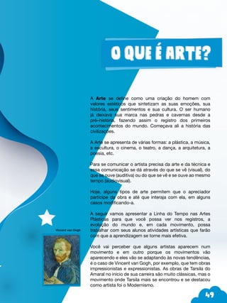 49
A Arte se define como uma criação do homem com
valores estéticos que sintetizam as suas emoções, sua
história, seus sentimentos e sua cultura. O ser humano
já deixava sua marca nas pedras e cavernas desde a
pré–história, fazendo assim o registro dos primeiros
acontecimentos do mundo. Começava ali a história das
civilizações.
A Arte se apresenta de várias formas: a plástica, a música,
a escultura, o cinema, o teatro, a dança, a arquitetura, a
poesia, etc.
Para se comunicar o artista precisa da arte e da técnica e
essa comunicação se dá através do que se vê (visual), do
que se ouve (auditiva) ou do que se vê e se ouve ao mesmo
tempo (audiovisual).
Hoje, alguns tipos de arte permitem que o apreciador
participe da obra e até que interaja com ela, em alguns
casos modificando-a.
A seguir vamos apresentar a Linha do Tempo nas Artes
Plásticas para que você possa ver nos registros, a
evolução do mundo e, em cada movimento, possa
trabalhar com seus alunos atividades artísticas que farão
com que a aprendizagem se torne mais efetiva.
Você vai perceber que alguns artistas aparecem num
movimento e em outro porque os movimentos vão
aparecendo e eles vão se adaptando às novas tendências,
é o caso de Vincent van Gogh, por exemplo, que tem obras
impressionistas e expressionistas. As obras de Tarsila do
Amaral no início de sua carreira são muito clássicas, mas o
movimento onde Tarsila mais se encontrou e se destacou
como artista foi o Modernismo.
Vincent van Gogh
 