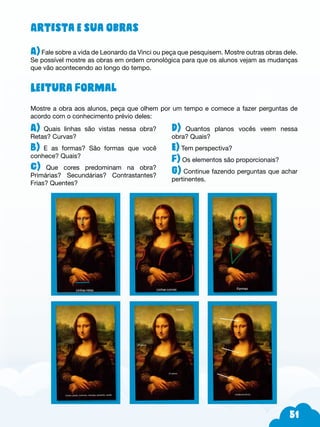 51
Leitura Formal
Mostre a obra aos alunos, peça que olhem por um tempo e comece a fazer perguntas de
acordo com o conhecimento prévio deles:
A) Quais linhas são vistas nessa obra?
Retas? Curvas?
B) E as formas? São formas que você
conhece? Quais?
C) Que cores predominam na obra?
Primárias? Secundárias? Contrastantes?
Frias? Quentes?
Artista e sua obras
A) Fale sobre a vida de Leonardo da Vinci ou peça que pesquisem. Mostre outras obras dele.
Se possível mostre as obras em ordem cronológica para que os alunos vejam as mudanças
que vão acontecendo ao longo do tempo.
D) Quantos planos vocês veem nessa
obra? Quais?
E) Tem perspectiva?
F) Os elementos são proporcionais?
G) Continue fazendo perguntas que achar
pertinentes.
 