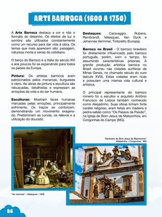 86
A Arte Barroca destaca a cor e não o
formato do desenho. Os efeitos de luz e
sombra são utilizados constantemente
como um recurso para dar vida à obra. Os
temas que mais aparecem são: paisagem,
natureza morta e cenas do cotidiano.
O berço do Barroco é a Itália do século XVI
e aos poucos foi se expandindo para todos
os países da Europa.
Pintura: Os artistas barrocos eram
patrocinados pelos monarcas, burgueses
e clero. As obras de pintura e escultura são
rebuscadas, detalhistas e expressam as
emoções da vida e do ser humano.
Esculturas: Mostram faces humanas
marcadas pelas emoções, principalmente
sofrimento. Os traços se contorcem,
demonstrando um movimento exagera-
do. Predominam as curvas, os relevos e a
utilização do dourado.
“As meninas” – Velasquez - 1656
Destaques: Caravaggio, Rubens,
Rembrandt, Velasquez, Van Dyck e
Johannes Vermmer, Tintoretto (Europa).
Barroco no Brasil - O barroco brasileiro
foi diretamente influenciado pelo barroco
português, porém, com o tempo, foi
assumindo características próprias. A
grande produção artística barroca no
Brasil ocorreu nas cidades auríferas de
Minas Gerais, no chamado século do ouro
(século XVIII). Estas cidades eram ricas
e possuíam uma intensa vida cultural e
artística.
O principal representante do barroco
mineiro foi o escultor e arquiteto Antônio
Francisco de Lisboa também conhecido
como Aleijadinho. Suas obras tinham forte
caráter religioso, eram feitas em madeira e
pedra-sabão como “Os Passos da Paixão”,
na Igreja de Bom Jesus de Matozinhos, em
Congonhas do Campo (MG).
“Santuário do Bom Jesus de Matosinhos”
Aleijadinho – Congonhas - MG
 