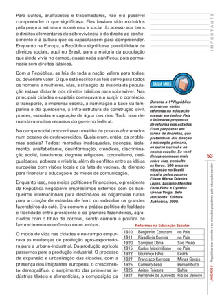 IMPORTANTE
Para outros, analfabetos e trabalhadores, não era possível

pela própria estrutura econômica e social do acesso aos bens
e direitos elementares de sobrevivência e do direito ao conhe-
cimento e à cultura que os capacitassem para compreender.

direitos sociais, aqui no Brasil, para a maioria da população
                                                            -
necia sem direitos básicos.

Com a República, as leis de toda a nação valem para todos,
ou deveriam valer. O que está escrito nas leis serve para todos
os homens e mulheres. Mas, a situação da maioria da popula-
ção estava distante dos direitos básicos para sobreviver. Nas
principais cidades e capitais começavam a surgir o comércio,
o transporte, a imprensa escrita, a iluminação a base da lam-     Durante a 1ª República
                                                                  ocorreram várias
parina e do querosene, a infra-estrutura de construção civil,     reformas na educação
pontes, estradas e captação de água dos rios. Tudo isso de-       escolar em todo o País
mandava muitos recursos do governo federal.                       e inúmeras propostas
                                                                  de reforma nos estados.
                                                                  Eram propostas em
No campo social predominava uma ilha de poucos afortunados
                                                                  forma de decretos, que
num oceano de desfavorecidos. Quais eram, então, os proble-       pretendiam dar direção
mas sociais? Todos: moradias inadequadas, doenças, isola-         à educação primária,
                                                                  ao curso normal e ao
mento, analfabetismo, desinformação, crendices, discrimina-
                                                                  ensino escolar. Se você
ção social, fanatismos, dogmas religiosos, coronelismo, desi-     deseja conhecer mais            53
                                                                  sobre elas, consulte
                                                                  os livros: 500 anos de
                                                                  educação no Brasil
                                                                  escrito pelos autores
                                                                  Eliane Marta Teixeira
                                                                  Lopes, Luciano Mendes
da República negociava empréstimos externos com os ban-           Faria Filho e Cynthia
                                                                  Greive Veiga. Belo
queiros internacionais para destiná-los às oligarquias rurais
                                                                  Horizonte: Editora
para a criação de estradas de ferro ou subsidiar os grandes       Autêntica, 2000.
fazendeiros do café. Era comum a prática política de lealdade
                                                             -
ciados com o título de coronel, sendo comum a política de
favorecimento econômico entre ambos.                     Reformas na Educação Escolar

O modo de vida nas cidades e no campo empur-        1910   Benjamim Constant     no País
                                                    1911   Rivadávia Correia     no País
rava as mudanças de produção agro-exportado-
                                                    1920   Sampaio Dória         São Paulo
ra para a urbano-industrial. Da produção agrícola   1915   Carlos Maximiliano    no País
passamos para a produção industrial. O processo     1922   Lourenço Filho        Ceará
de expansão e urbanização das cidades, com a        1927   Francisco Campos      Minas Gerais
presença dos imigrantes europeus, o crescimen-      1925   Carneiro Leão         Pernambuco
                                                                                                   UNIDADE 6




                                                -   1926   Anísio Teixeira       Bahia
dústrias têxteis e alimentícias, a composição da    1927   Fernando de Azevedo   Rio de Janeiro
 