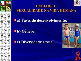 UNIDADE 1 :
SEXUALIDADE NA VIDA HUMANA

a) Fases do desenvolvimento;

b) Gênero;

c) Diversidade sexual.
 