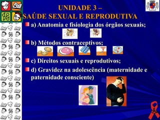 UNIDADE 3 –
SAÚDE SEXUAL E REPRODUTIVA
 a) Anatomia e fisiologia dos órgãos sexuais;

 b) Métodos contraceptivos;

 c) Direitos sexuais e reprodutivos;
 d) Gravidez na adolescência (maternidade e
 paternidade consciente)
 
