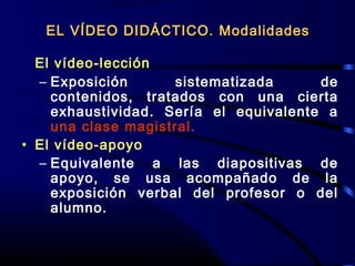 El vídeo-lección
– Exposición sistematizada de
contenidos, tratados con una cierta
exhaustividad. Sería el equivalente a
una clase magistral.
• El vídeo-apoyo
– Equivalente a las diapositivas de
apoyo, se usa acompañado de la
exposición verbal del profesor o del
alumno.
EL VÍDEO DIDÁCTICO. ModalidadesEL VÍDEO DIDÁCTICO. Modalidades
 