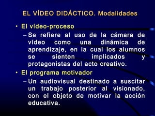 • El vídeo-proceso
– Se refiere al uso de la cámara de
vídeo como una dinámica de
aprendizaje, en la cual los alumnos
se sienten implicados y
protagonistas del acto creativo.
• El programa motivador
– Un audiovisual destinado a suscitar
un trabajo posterior al visionado,
con el objeto de motivar la acción
educativa.
EL VÍDEO DIDÁCTICO. ModalidadesEL VÍDEO DIDÁCTICO. Modalidades
 