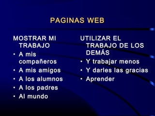 PAGINAS WEBPAGINAS WEB
MOSTRAR MI
TRABAJO
• A mis
compañeros
• A mis amigos
• A los alumnos
• A los padres
• Al mundo
UTILIZAR EL
TRABAJO DE LOS
DEMÁS
• Y trabajar menos
• Y darles las gracias
• Aprender
 