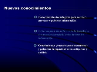 Conocimientos tecnológicos para acceder,
procesar y publicar información
Nuevos conocimientos
Criterios para uso reflexivo de la tecnología
y el manejo apropiado de las fuentes de
información
Conocimientos generales para incrementar
y potenciar la capacidad de investigación y
análisis
 