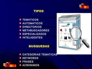 TIPOS
TEMATICOS
AUTOMATICOS
DIRECTORIOS
METABUSCADORES
ESPECIALIZADOS
INTELIGENTES
BUSQUEDAS
CATEGORIAS TEMATICAS
KEYWORDS
FRASES
ACRONIMOS
 