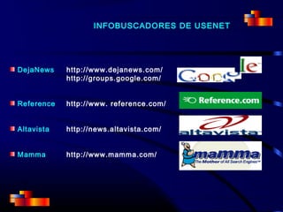 DejaNews http://www.dejanews.com/
http://groups.google.com/
Reference http://www. reference.com/
Altavista http://news.altavista.com/
Mamma http://www.mamma.com/
INFOBUSCADORES DE USENET
Groups
 