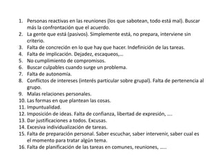 1. Personas reactivas en las reuniones (los que sabotean, todo está mal). Buscar
    más la confrontación que el acuerdo.
2. La gente que está (pasivos). Simplemente está, no prepara, interviene sin
    criterio.
3. Falta de concreción en lo que hay que hacer. Indefinición de las tareas.
4. Falta de implicación. Dejadez, escaqueos,…
5. No cumplimiento de compromisos.
6. Buscar culpables cuando surge un problema.
7. Falta de autonomía.
8. Conflictos de intereses (interés particular sobre grupal). Falta de pertenencia al
    grupo.
9. Malas relaciones personales.
10. Las formas en que plantean las cosas.
11. Impuntualidad.
12. Imposición de ideas. Falta de confianza, libertad de expresión, ….
13. Dar justificaciones a todos. Excusas.
14. Excesiva individualización de tareas.
15. Falta de preparación personal. Saber escuchar, saber intervenir, saber cual es
    el momento para tratar algún tema.
16. Falta de planificación de las tareas en comunes, reuniones, …..
 