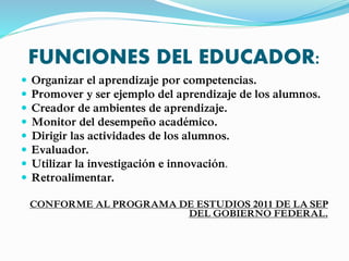 FUNCIONES DEL EDUCADOR:
 Organizar el aprendizaje por competencias.
 Promover y ser ejemplo del aprendizaje de los alumnos.
 Creador de ambientes de aprendizaje.
 Monitor del desempeño académico.
 Dirigir las actividades de los alumnos.
 Evaluador.
 Utilizar la investigación e innovación.
 Retroalimentar.
CONFORME AL PROGRAMA DE ESTUDIOS 2011 DE LA SEP
DEL GOBIERNO FEDERAL.
 
