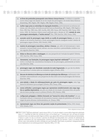 p
201
pppppppppppppppppppppppppp
os livros são produzidos pressupondo como leitoras crianças brancas. O cotidiano e a experiên-
cia da criança negra são alijados do ato de criação das personagens e do enredo dessa literatura
(Rosemberg, 1985; Negrão, 1987; Negrão, 1988; Negrão e Pinto; 1990);
mulher negra presa ao estereótipo de empregada doméstica, particularmente as senhoras sub-
missas, sem vida própria, devotada aos patrões brancos (Rosemberg, 1985; Negrão, 1998; Negrão e
Pinto, 1990; Piza, 1998; Lima, 2005; Gouvêa, 2004, 2005; Souza, 2005; Kaercher, 2006; França, 2006;
Jovino, 2006). Na literatura infanto-juvenil publicada após a década de 1970, entrada de outra
personagem estereotipada, a “mulata sensual” (Piza, 1998; Kaercher, 2006; França, 2006);
ascensão social de personagem negra devido ao auxílio de personagem branca, por meio de
adoção ou de incentivo financeiro e moral, personagens brancas conseguem mudar o destino de
personagens negras (Oliveira, 2003; Ferreira, 2008);
maioria de personagens masculinas, adultas e brancas, que, além de heterossexuais e repre-
sentando a normatividade sexual, indicam, nos seus caracteres e personalidades, modelos a se-
rem seguidos (Kaercher, 2006);
ênfase no discurso sobre a mestiçagem, em uma perspectiva de “evolução da espécie” (Oliveira,
2003; Kaercher, 2006; França, 2006);
clareamento, nas ilustrações, de personagens negras (negritude radializada)116
, de modo a pro-
mover a ocultação das características fenotípicas de tais personagens, padronizando as ilustra-
ções (Kaercher, 2006);
personagem negra com identidade construída de modo fragmentado, em que não há referên-
cias específicas e corretas sobre sua verdadeira origem (Oliveira, 2003);
discurso de tolerância às diferenças ao invés de valorização das diferenças, reafirmando a infe-
rioridade e desconsiderando uma perspectiva de olhar altero acerca de personagens não-brancas
(Kaercher, 2006);
auto-rejeição e desejo de embranquecimento por parte de personagens negras, como fuga
diante do sofrimento que as atingem (Oliveira, 2003; França, 2006);
nomes atribuídos a personagens negras que representam metaforicamente uma carga nega-
tiva ou apelidos depreciativos, seja pela sua relação de vinculação comumente feita com profis-
sões de menor prestígio social ou pobreza (Oliveira, 2003; Pestana, 2008);
configuração pedagógica e didática formando um “manual da cultura afro-brasileira”, em que
ilustrações indicam a composição de instrumentos musicais, mapas de quilombos e de locais de
origem de povos africanos, minivocabulários, etc. (França, 2006).
representação negra nos livros não garantem noções de pertencimento (Debus, 2010; Araujo,
2010; Oliveira, 2011).
Fonte: Adaptado de Araujo (2010)
116 Sobre o termo “negritude radializada”, aponta Araujo (2010, p. 23, nota de rodapé): A autora define Negritude radializada
como o “[...] resultado da fusão dos conceitos de raça e cor no Brasil que [...] termina por criar um leque de matizes
cromáticos (como um radial) que pode chegar ao infinito e que,apesar disto,exclui as cores localizadas nas extremidades:
o branco e o preto. Ou seja, ao articular o processo de reificação da branquidade com o processo de radialização da
negritude, terminamos por criar representações cromáticas da negritude que excluem o preto, e os demais matizes
escuros, como cores possíveis de serem utilizadas em suas ilustrações. Deste modo, ao promover o desaparecimento do
escuro implementa-se um embranquecimento” (Kaercher, 2006, p. 137-138).
 