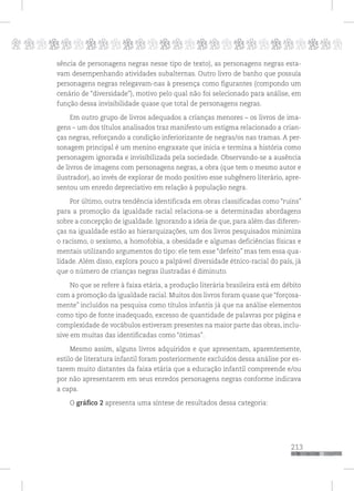 p
213
pppppppppppppppppppppppppp
sência de personagens negras nesse tipo de texto), as personagens negras esta-
vam desempenhando atividades subalternas. Outro livro de banho que possuía
personagens negras relegavam-nas à presença como figurantes (compondo um
cenário de “diversidade”), motivo pelo qual não foi selecionado para análise, em
função dessa invisibilidade quase que total de personagens negras.
Em outro grupo de livros adequados a crianças menores – os livros de ima-
gens – um dos títulos analisados traz manifesto um estigma relacionado a crian-
ças negras, reforçando a condição inferiorizante de negras/os nas tramas. A per-
sonagem principal é um menino engraxate que inicia e termina a história como
personagem ignorada e invisibilizada pela sociedade. Observando-se a ausência
de livros de imagens com personagens negras, a obra (que tem o mesmo autor e
ilustrador), ao invés de explorar de modo positivo esse subgênero literário, apre-
sentou um enredo depreciativo em relação à população negra.
Por último, outra tendência identificada em obras classificadas como “ruins”
para a promoção da igualdade racial relaciona-se a determinadas abordagens
sobre a concepção de igualdade. Ignorando a ideia de que, para além das diferen-
ças na igualdade estão as hierarquizações, um dos livros pesquisados minimiza
o racismo, o sexismo, a homofobia, a obesidade e algumas deficiências físicas e
mentais utilizando argumentos do tipo: ele tem esse “defeito” mas tem essa qua-
lidade. Além disso, explora pouco a palpável diversidade étnico-racial do país, já
que o número de crianças negras ilustradas é diminuto.
No que se refere à faixa etária, a produção literária brasileira está em débito
com a promoção da igualdade racial. Muitos dos livros foram quase que “forçosa-
mente” incluídos na pesquisa como títulos infantis já que na análise elementos
como tipo de fonte inadequado, excesso de quantidade de palavras por página e
complexidade de vocábulos estiveram presentes na maior parte das obras, inclu-
sive em muitas das identificadas como “ótimas”.
Mesmo assim, alguns livros adquiridos e que apresentam, aparentemente,
estilo de literatura infantil foram posteriormente excluídos dessa análise por es-
tarem muito distantes da faixa etária que a educação infantil compreende e/ou
por não apresentarem em seus enredos personagens negras conforme indicava
a capa.
O gráfico 2 apresenta uma síntese de resultados dessa categoria:
 