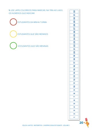 1. USE LÁPIS COLORIDOS PARA MARCAR, NA TIRA AO LADO,
OS NÚMEROS QUE INDICAM:
ESTUDANTES DA MINHA TURMA
ESTUDANTES QUE SÃO MENINOS
ESTUDANTES QUE SÃO MENINAS
20
EDUCA JUNTOS - MATEMÁTICA - CADERNO DO(A) ESTUDANTE - VOLUME 1
 