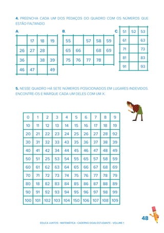 4. PREENCHA CADA UM DOS PEDAÇOS DO QUADRO COM OS NÚMEROS QUE
ESTÃO FALTANDO.
A. B. C.
5. NESSE QUADRO HÁ SETE NÚMEROS POSICIONADOS EM LUGARES INDEVIDOS.
ENCONTRE-OS E MARQUE CADA UM DELES COM UM X.
48
Veja agora as coordenadas pedidas pelos alunos:
oordenadas pedidas por Bernardo Coordenadas pedidas por Natália
A3 C5 F2 B6
F4 D3 A2 E1
F6 D1 A5 A3
C2 F2 C4 A6
A6 B4 C5 A4
B2 E4 F6 B2
D6 F1 D3 C1
Descubra quem venceu a partida e calcule quantos pontos fez a mais que seu
colega.
3
10 12 13 14 15 17 18 19
20 21 22 23 24 25 26 27 28
30 31 33 34 36 38 39
41 42 43 44 45 46 47 49
50 51 52 53 55 57 58 59
60 61 63 64 65 66 68 69
71 73 74 75 76 77 78
80 81 83 85 86 88 89
90 91 93 94 95 96 97 98
pelos alunos:
Coordenadas pedidas por Natália
F2 B6
A2 E1
A5 A3
C4 A6
C5 A4
F6 B2
D3 C1
calcule quantos pontos fez a mais que seu
3
4 6 7 8 9
14 15 17 18 19
24 25 26 27 28
34 36 38 39
44 45 46 47 49
55 57 58 59
64 65 66 68 69
74 75 76 77 78
85 86 88 89
94 95 96 97 98
Veja agora as coordenadas pedidas pelos aluno
Coordenadas pedidas por Bernardo C
A3 C5
F4 D3
F6 D1
C2 F2
A6 B4
B2 E4
D6 F1
1. Descubra quem venceu a partida e calcule qua
colega.
20 21 22 23 24 25
30 31 33 34
41 42 43 44 45
50 51 52 53 55
60 61 63 64 65
71 73 74 75
80 81 83 85
90 91 93 94 95
0 1 2 3 4 5 6 7 8 9
10 11 12 13 14 15 16 17 18 19
20 21 22 23 24 25 26 27 28 92
30 31 32 33 43 35 36 37 38 39
40 41 42 34 44 45 46 47 48 49
50 51 25 53 54 55 65 57 58 59
60 61 62 63 64 65 66 67 68 69
70 71 72 73 74 75 76 77 78 79
80 18 82 83 84 85 86 87 88 89
90 91 92 93 94 95 96 97 98 99
100 101 102 103 104 150 106 107 108 109
EDUCA JUNTOS - MATEMÁTICA - CADERNO DO(A) ESTUDANTE - VOLUME 1
 