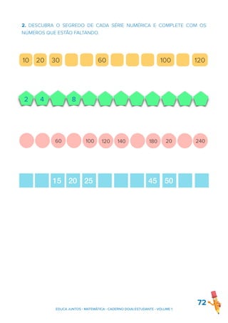 2. DESCUBRA O SEGREDO DE CADA SÉRIE NUMÉRICA E COMPLETE COM OS
NÚMEROS QUE ESTÃO FALTANDO.
72
10 20 30 60 100 120
2 4 8
60 100 120 140 180 20 240
15 20 25 45 50
EDUCA JUNTOS - MATEMÁTICA - CADERNO DO(A) ESTUDANTE - VOLUME 1
 
