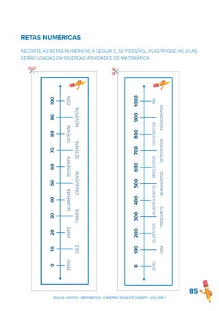 RETAS NUMÉRICAS
RECORTE AS RETAS NUMÉRICAS A SEGUIR E, SE POSSÍVEL, PLASTIFIQUE-AS. ELAS
SERÃO USADAS EM DIVERSAS ATIVIDADES DE MATEMÁTICA.
85
EDUCA JUNTOS - MATEMÁTICA - CADERNO DO(A) ESTUDANTE - VOLUME 1
DEZ
TRINTA
CINQUENTA
SETENTA
NOVENTA
ZERO
VINTE
QUARENTA
SESSENTA
OITENTA
CEM
0
10
20
30
40
50
60
70
80
90
100
QUATROCENTOS
ZERO
DUZENTOS
SEISCENTOS
OITOCENTOS
MIL
CEM
TREZENTOS
QUINHENTOS
SETECENTOS
NOVECENTOS
0
100
200
300
400
500
600
700
800
900
1000
✂
DEZ
TRINTA
CINQUENTA
SETENTA
NOVENTA
ZERO
VINTE
QUARENTA
SESSENTA
OITENTA
CEM
0
10
20
30
40
50
60
70
80
90
100
CEM
TREZENTOS
QUINHENTOS
SETECENTOS
NOVECENTOS
0
100
200
300
400
500
600
700
800
900
1000
QUATROCENTOS
ZERO
DUZENTOS
SEISCENTOS
OITOCENTOS
MIL
✂
 
