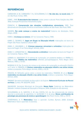 REFERÊNCIAS
CARRAHER, D. W.; CARRAHER, T. N.; SCHLIEMANN, A. D. Na vida dez, na escola zero. 10ª
ed. São Paulo: Cortez, 1995.
ERMEL - INRP. À descoberta dos números: contar, cantar e calcular. Porto: Edições Asa, 1991.
365p. (Coleção Perspectivas Actuais/Educação).
FRANCHI, A. Compreensão das situações multiplicativas elementares. 1995. Tese
(Doutorado em Educação). Pontifícia Universidade Católica de São Paulo: São Paulo, 1995.
GEEMPA. Por onde começar o ensino da matemática? Caderno de Atividades. Porto
Alegre, 2008.
KAMII, C. A criança e o número. 22ª ed. Campinas: Papirus, 1996.
KAMII, C.; DEVRIES, R. Jogos em Grupo na Educação Infantil: implicações da teoria de
Piaget. São Paulo: trajetória Cultural, 1991.
KAMII, C.; HOUSMAN, L. B. Crianças pequenas reinventam a aritmética: implicações da
teoria de Piaget. 2ª ed. Porto Alegre: Artmed, 2002.
KAMII, C.; LIVINGSTON, S. J. Desvendando a aritmética: implicações da teoria de Piaget. 3ª
ed. Campinas: Papirus, 1995.
LERNER, D.; SADOVSKY, P. O sistema de numeração: um problema didático. In: PARRA, C.;
SAIZ, I. (org.). Didática da matemática: reflexões psicopedagógicas. Porto Alegre: Artes
Médicas, 1996. p. 73-155.
MORENO, B. R. De. O ensino do número e do sistema de numeração na educação infantil e
na 1ª série. In: PANIZZA, M. Ensinar matemática na educação infantil e nas séries iniciais:
análise e propostas. Porto Alegre: Artmed, 2006. p. 43-76.
PANIZZA, M. Reflexões gerais sobre o ensino da matemática. PANIZZA, M. et al. Ensinar
matemática na educação infantil e nas séries iniciais: análises e propostas. Porto Alegre:
Artmed, 2006.
PARANÁ. Secretaria de Estado da Educação e do Esporte. Referencial Curricular do Paraná
em Foco. Curitiba, PR: SEED/PR, 2020.
SALVADOR. Secretaria Municipal de Educação. Nossa Rede: Cadernos de Matemática.
Salvador: Instituto Chapada de Educação e Pesquisa, 2016. (Coleção em 40 volumes).
SCHLIEMANN, A. D.; SANTOS, C. M. dos; COSTA, S.C. da. Da compreensão do sistema
decimal à construção de algoritmos. In: ALENCAR, E. S. de (org.). Novas contribuições da
psicologia aos processos de ensino e aprendizagem. São Paulo: Cortez, 1995. p. 95-117.
STAREPRAVO, A. R. Matemática: fazer e aprender. Curitiba: Aymará, 2008. (Coleção
Matemática: fazer e aprender. 5 volumes).
99
EDUCA JUNTOS - MATEMÁTICA - CADERNO DO(A) ESTUDANTE - VOLUME 1
 