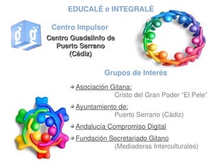 EDUCALÉ e INTEGRALÉ

 Centro Impulsor
Centro Guadalinfo de 
  Puerto Serrano
       (Cádiz)

                 Grupos de Interés
        Asociación Gitana:
                    Cristo del Gran Poder “El Pele”
        Ayuntamiento de:
                    Puerto Serrano (Cádiz)
        Andalucía Compromiso Digital
        Fundación Secretariado Gitano
                    (Mediadoras Interculturales)
 