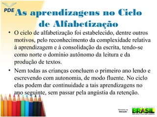 As aprendizagens no Ciclo
de Alfabetização

• O ciclo de alfabetização foi estabelecido, dentre outros
motivos, pelo reconhecimento da complexidade relativa
à aprendizagem e à consolidação da escrita, tendo-se
como norte o domínio autônomo da leitura e da
produção de textos.
• Nem todas as crianças concluem o primeiro ano lendo e
escrevendo com autonomia, de modo fluente. No ciclo
elas podem dar continuidade a tais aprendizagens no
ano seguinte, sem passar pela angústia da retenção.

 