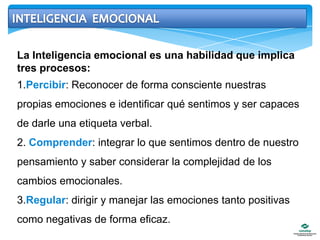 INTELIGENCIA  EMOCIONALLa Inteligencia emocional es una habilidad que implica tres procesos:1.Percibir: Reconocer de forma consciente nuestras propias emociones e identificar qué sentimos y ser capaces de darle una etiqueta verbal.2. Comprender: integrar lo que sentimos dentro de nuestro pensamiento y saber considerar la complejidad de los cambios emocionales.3.Regular: dirigir y manejar las emociones tanto positivas como negativas de forma eficaz.
