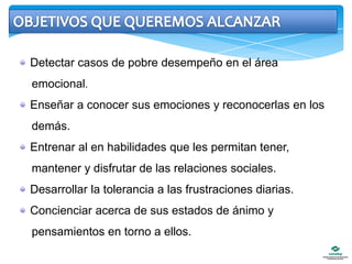 OBJETIVOS QUE QUEREMOS ALCANZAR Detectar casos de pobre desempeño en el área    emocional. Enseñar a conocer sus emociones y reconocerlas en los    demás. Entrenar al en habilidades que les permitan tener,    mantener y disfrutar de las relaciones sociales. Desarrollar la tolerancia a las frustraciones diarias. Concienciar acerca de sus estados de ánimo y    pensamientos en torno a ellos.