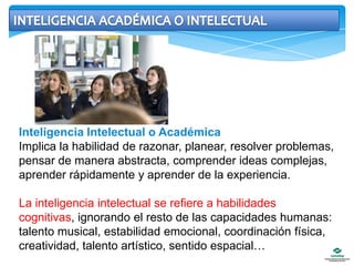 INTELIGENCIA ACADÉMICA O INTELECTUALInteligencia Intelectual o AcadémicaImplica la habilidad de razonar, planear, resolver problemas, pensar de manera abstracta, comprender ideas complejas, aprender rápidamente y aprender de la experiencia. La inteligencia intelectual se refiere a habilidades cognitivas, ignorando el resto de las capacidades humanas: talento musical, estabilidad emocional, coordinación física, creatividad, talento artístico, sentido espacial…