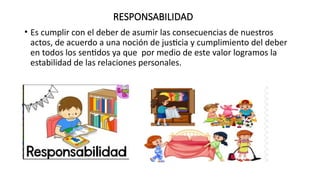 RESPONSABILIDAD
• Es cumplir con el deber de asumir las consecuencias de nuestros
actos, de acuerdo a una noción de justicia y cumplimiento del deber
en todos los sentidos ya que por medio de este valor logramos la
estabilidad de las relaciones personales.
 