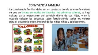 CONVIVENCIA FAMILIAR
• La convivencia familiar debe ser un contexto donde se enseñe valores
ya que en la casa se motiva se trasmite los primeros valores, se haga
cultura parte importante del convivir diario de sus hijos, y en la
escuela colegio los docentes sigan fortaleciendo todos los valores
para el desarrollo ético, integral de los niños niñas y adolescentes.
 
