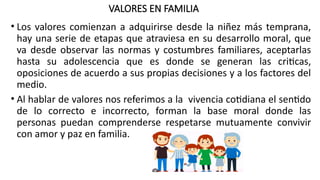 VALORES EN FAMILIA
• Los valores comienzan a adquirirse desde la niñez más temprana,
hay una serie de etapas que atraviesa en su desarrollo moral, que
va desde observar las normas y costumbres familiares, aceptarlas
hasta su adolescencia que es donde se generan las criticas,
oposiciones de acuerdo a sus propias decisiones y a los factores del
medio.
• Al hablar de valores nos referimos a la vivencia cotidiana el sentido
de lo correcto e incorrecto, forman la base moral donde las
personas puedan comprenderse respetarse mutuamente convivir
con amor y paz en familia.
 