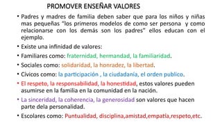 PROMOVER ENSEÑAR VALORES
• Padres y madres de familia deben saber que para los niños y niñas
mas pequeñas “los primeros modelos de como ser persona y como
relacionarse con los demás son los padres” ellos educan con el
ejemplo.
• Existe una infinidad de valores:
• Familiares como: fraternidad, hermandad, la familiaridad.
• Sociales como: solidaridad, la honradez, la libertad.
• Cívicos como: la participación , la ciudadanía, el orden publico.
• El respeto, la responsabilidad, la honestidad, estos valores pueden
asumirse en la familia en la comunidad en la nación.
• La sinceridad, la coherencia, la generosidad son valores que hacen
parte dela personalidad.
• Escolares como: Puntualidad, disciplina,amistad,empatía,respeto,etc.
 