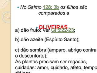  No Salmo os filhos são
comparados a
OLIVEIRAS:
a) dão fruto: Ver
b) dão azeite (Espírito Santo);
c) dão sombra (amparo, abrigo contra
o desconforto);
As plantas precisam ser regadas,
cuidadas: amor, cuidado, afeto, tempo
 