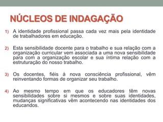 NÚCLEOS DE INDAGAÇÃO
1) A identidade profissional passa cada vez mais pela identidade
de trabalhadores em educação.
2) Esta sensibilidade docente para o trabalho e sua relação com a
organização curricular vem associada a uma nova sensibilidade
para com a organização escolar e sua íntima relação com a
estruturação do nosso trabalho.
3) Os docentes, fiéis à nova consciência profissional, vêm
reinventando formas de organizar seu trabalho.
4) Ao mesmo tempo em que os educadores têm novas
sensibilidades sobre si mesmos e sobre suas identidades,
mudanças significativas vêm acontecendo nas identidades dos
educandos.
 