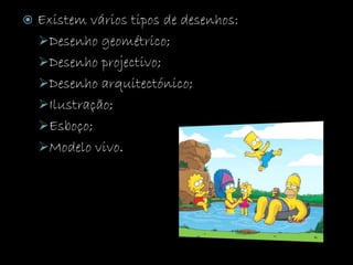  Existem vários tipos de desenhos:
Desenho geométrico;
Desenho projectivo;
Desenho arquitectónico;
Ilustração;
Esboço;
Modelo vivo.
 