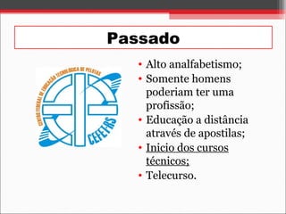 Passado
• Alto analfabetismo;
• Somente homens
poderiam ter uma
profissão;
• Educação a distância
através de apostilas;
• Inicio dos cursos
técnicos;
• Telecurso.
 